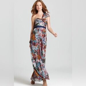 BCBGMAXAZRIA Inga Silk Metallic Pleated One Shoulder Evening Gown Dress Sz 10‎